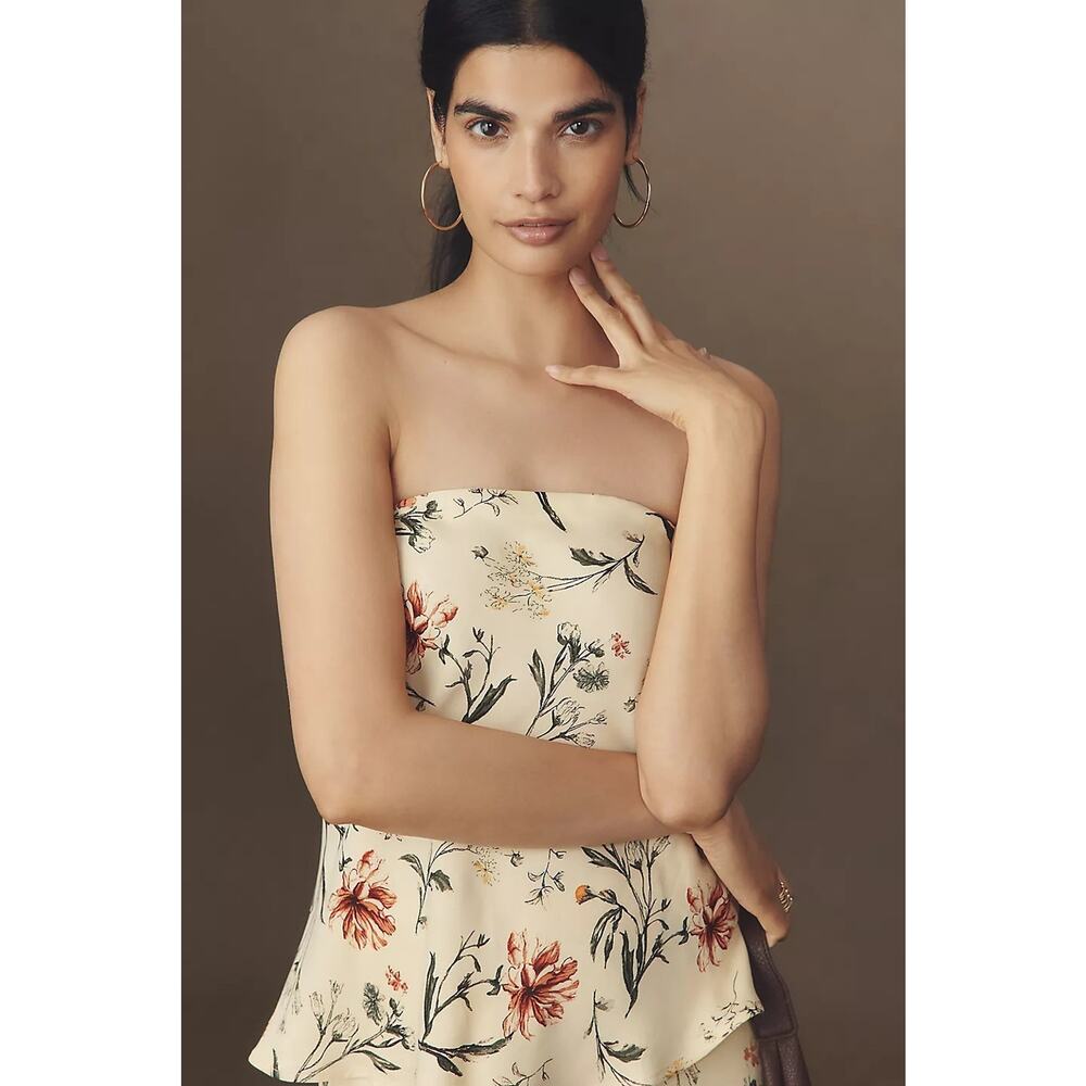 New W/Tag Anthropologie Cream Floral Silky Waves Strapless Woven Blouse XS